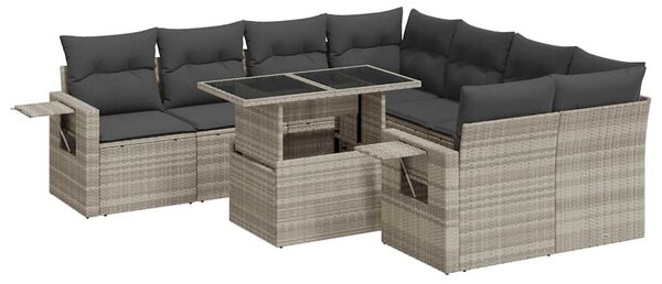 9 részes világosszürke polyrattan kerti ülőgarnitúra párnával