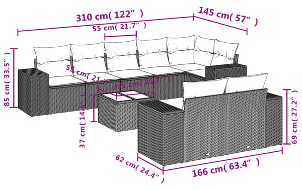 9 részes barna polyrattan kerti ülőgarnitúra párnákkal