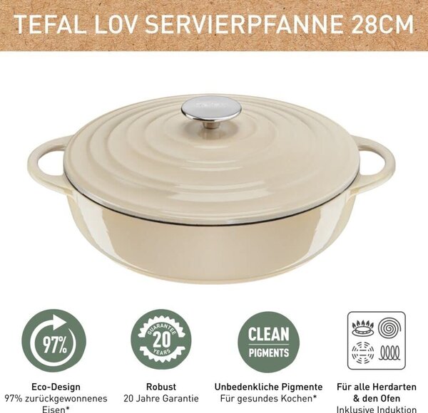 Tefal E25972 LOV serpenyő, 28 cm | újrahasznosított öntöttvas | optimális hőtárolás | minden tűzhelytípushoz | indukcióhoz is alkalmas | sütőben is használható 250°C-ig