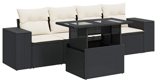 5 részes fekete polyrattan kerti kanapészett párnákkal