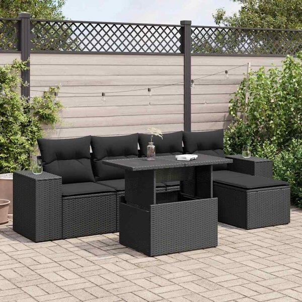 6 részes fekete polyrattan kerti ülőgarnitúra párnákkal