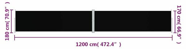 Fekete behúzható oldalsó napellenző 180 x 1200 cm