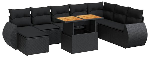 9 részes fekete polyrattan kerti ülőgarnitúra párnákkal