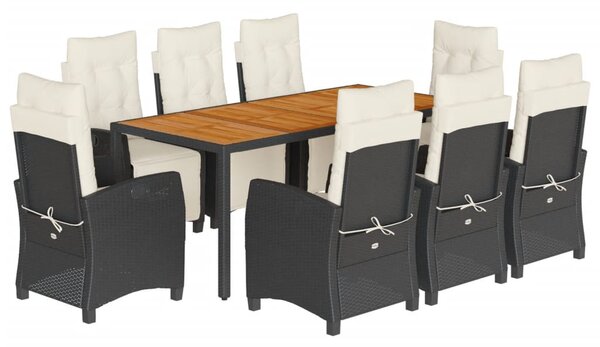 9 részes fekete polyrattan kerti étkezőgarnitúra párnákkal