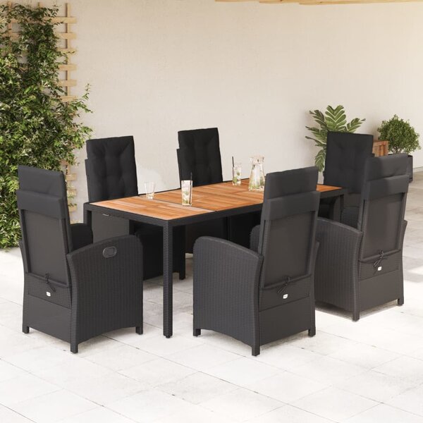 7 részes fekete polyrattan kerti étkezőgarnitúra párnával