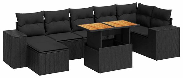 8 részes fekete polyrattan kerti ülőgarnitúra párnákkal
