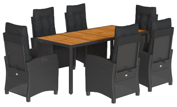 7 részes fekete polyrattan kerti étkezőgarnitúra párnával