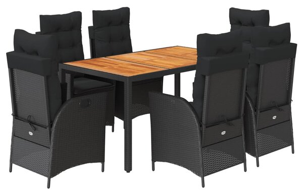 7 részes fekete polyrattan kerti étkezőgarnitúra párnával