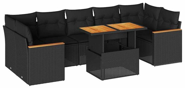 8 részes fekete polyrattan akácfa kerti ülőgarnitúra párnákkal
