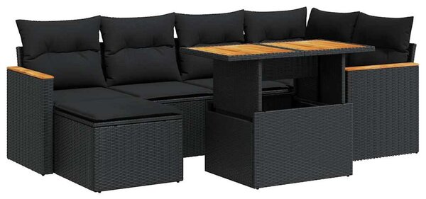 7 részes fekete polyrattan akácfa kerti ülőgarnitúra párnával