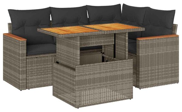 5 részes szürke polyrattan akácfa kerti ülőgarnitúra párnákkal