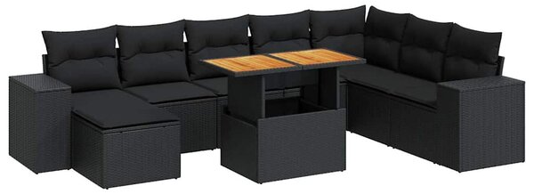 9 részes fekete polyrattan akácfa kerti ülőgarnitúra párnákkal