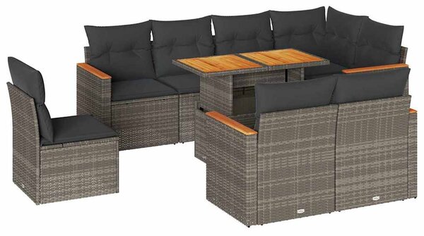 9 részes szürke polyrattan akácfa kerti ülőgarnitúra párnákkal