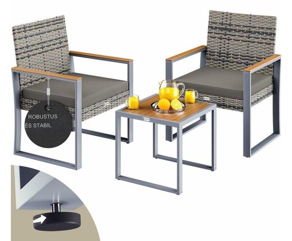 Casaria® Rattan erkély garnitúra 1+2 - szürke/fa