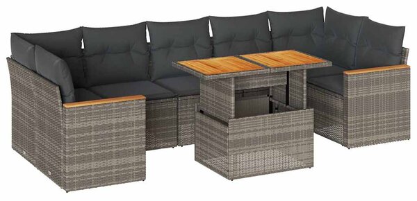 8 részes szürke polyrattan akácfa kerti ülőgarnitúra párnákkal