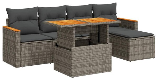 6 részes szürke polyrattan akácfa kerti ülőgarnitúra párnákkal
