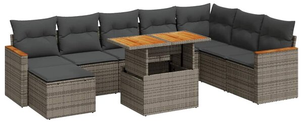 9 részes szürke polyrattan akácfa kerti ülőgarnitúra párnákkal
