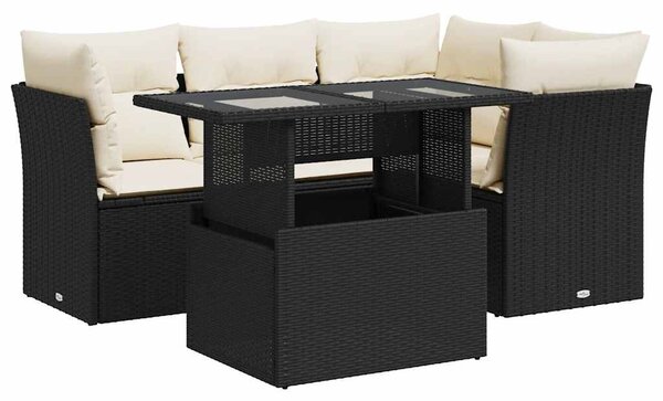 5 részes fekete polyrattan kerti kanapészett párnákkal