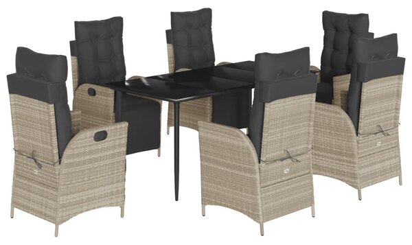 7 részes világosszürke polyrattan kerti étkezőszett párnával