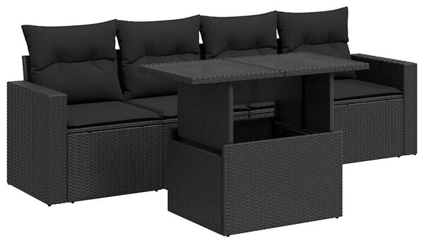 5 részes fekete polyrattan kerti kanapészett párnákkal