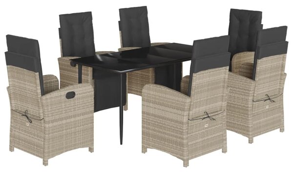7 részes világosszürke polyrattan kerti étkezőszett párnával