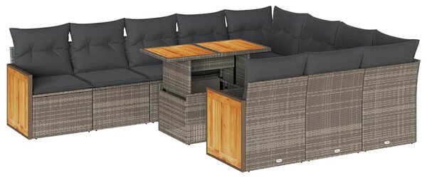 11 részes szürke polyrattan akácfa kerti ülőgarnitúra párnákkal