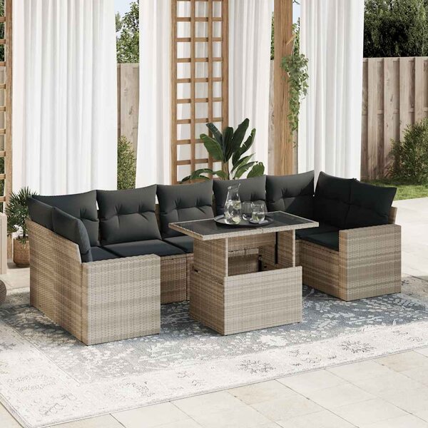 8 részes világosszürke polyrattan kerti ülőgarnitúra párnával