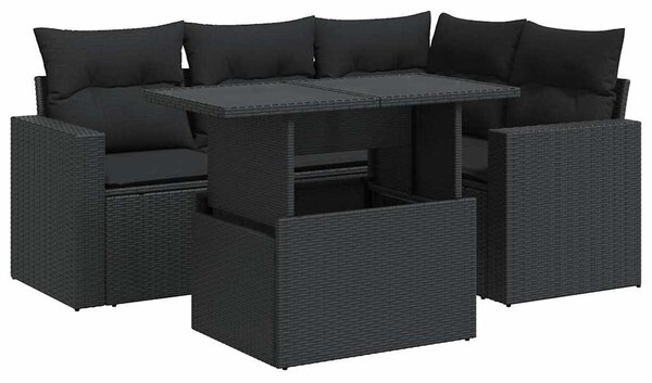 5 részes fekete polyrattan kerti kanapészett párnákkal