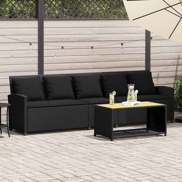 5 személyes fekete polyrattan kerti kanapé párnával