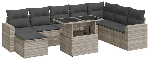 9 részes világosszürke polyrattan kerti ülőgarnitúra párnával