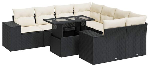 9 részes fekete polyrattan kerti ülőgarnitúra párnákkal