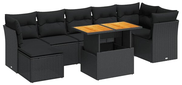 8 részes fekete polyrattan kerti ülőgarnitúra párnákkal