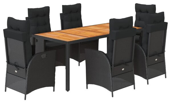 7 részes fekete polyrattan kerti étkezőgarnitúra párnával