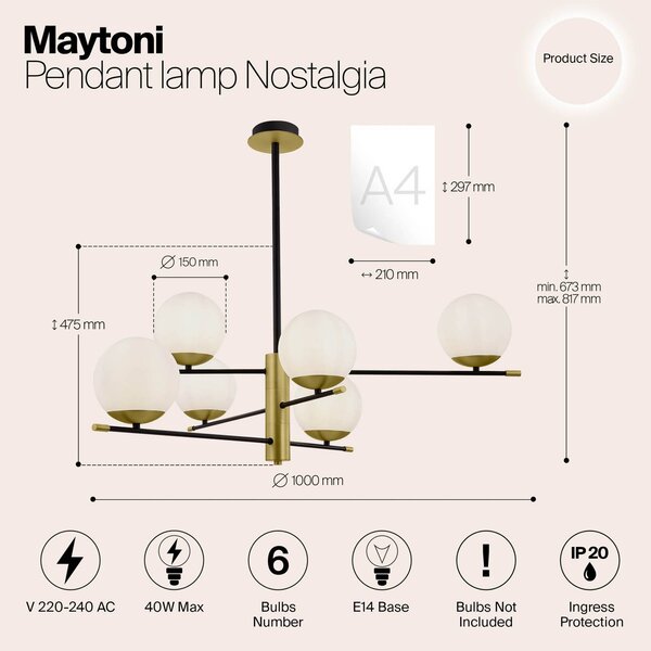 Maytoni Függő lámpa Nostalgia, hat-izzós, dimmelhető, Nappali / Étkező, Üveg, Modern