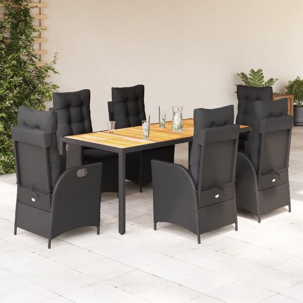 7 részes fekete polyrattan kerti étkezőgarnitúra párnával
