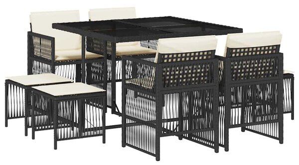 9 részes fekete polyrattan kerti étkezőgarnitúra párnákkal