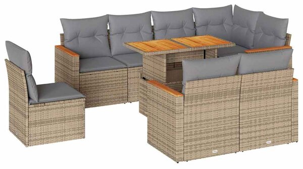 9 részes bézs polyrattan akácfa kerti ülőgarnitúra párnákkal