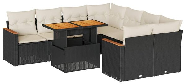 9 részes fekete polyrattan akácfa kerti ülőgarnitúra párnákkal