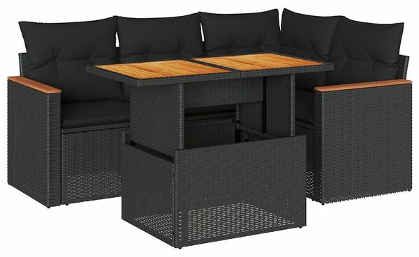 5 részes fekete polyrattan akácfa kerti kanapészett párnákkal