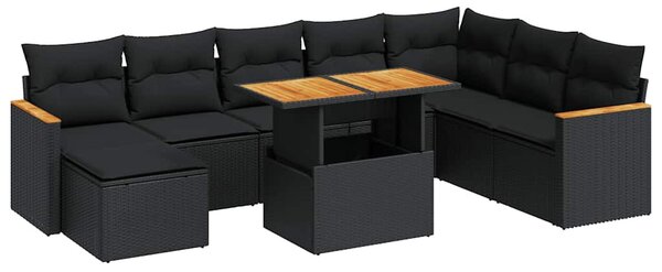 9 részes fekete polyrattan akácfa kerti ülőgarnitúra párnákkal