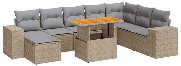 9 részes bézs polyrattan akácfa kerti ülőgarnitúra párnákkal