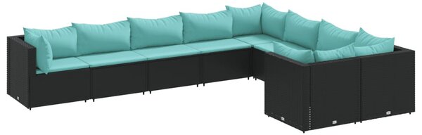 9 részes fekete polyrattan kerti ülőgarnitúra párnákkal