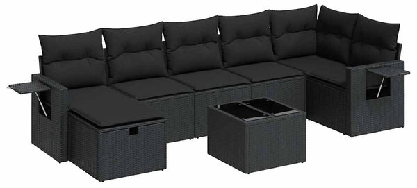 8 részes fekete polyrattan kerti ülőgarnitúra párnákkal