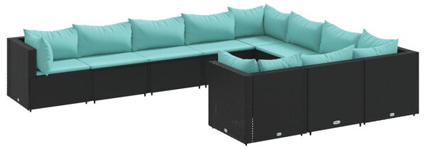 10 részes fekete polyrattan kerti ülőgarnitúra párnákkal