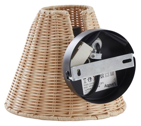 Lindby fali lámpa Zyralia, fa színű, rattan, 19,5 cm magas, dimmelhető, Nappali / Étkező, Fa, Vidéki otthon / Rusztikus