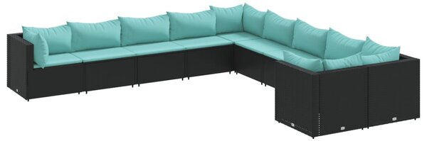10 részes fekete polyrattan kerti ülőgarnitúra párnákkal