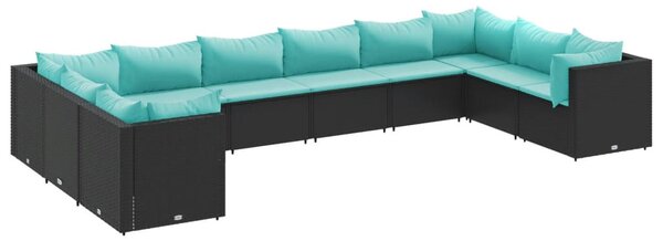 10 részes fekete polyrattan kerti ülőgarnitúra párnákkal