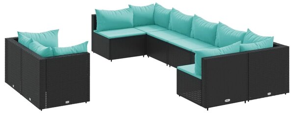 9 részes fekete polyrattan kerti ülőgarnitúra párnákkal