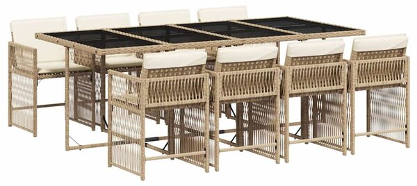 9 részes bézs polyrattan kerti étkezőgarnitúra párnákkal