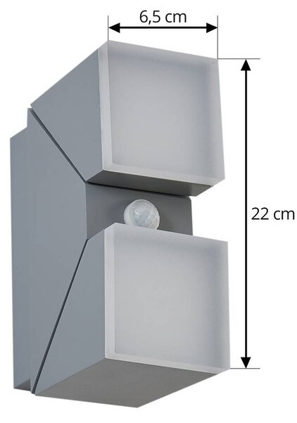 Lindby Sally LED fali világítás, 22 cm, szürke, IP54, érzékelővel, Alu / szürke / cink, Alumínium, Modern